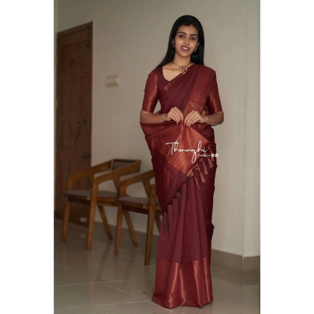 Women's Soft Lichi Silk Solid Saree With Unstitched Blouse 5.5Mtr (Maroon)