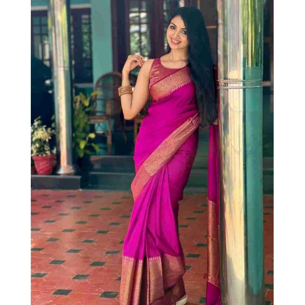Women's Soft Lichi Silk Solid Saree With Unstitched Blouse 5.5Mtr (Pink)