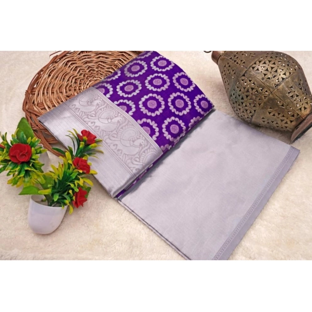 Women's Soft Lichi Silk Printed Saree With Unstitched Blouse 5.5Mtr (Purple)