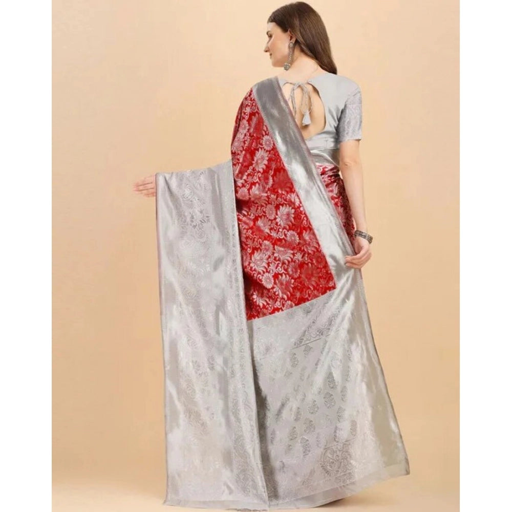 Women's Soft Lichi Silk Printed Saree With Unstitched Blouse 5.5Mtr (Red)