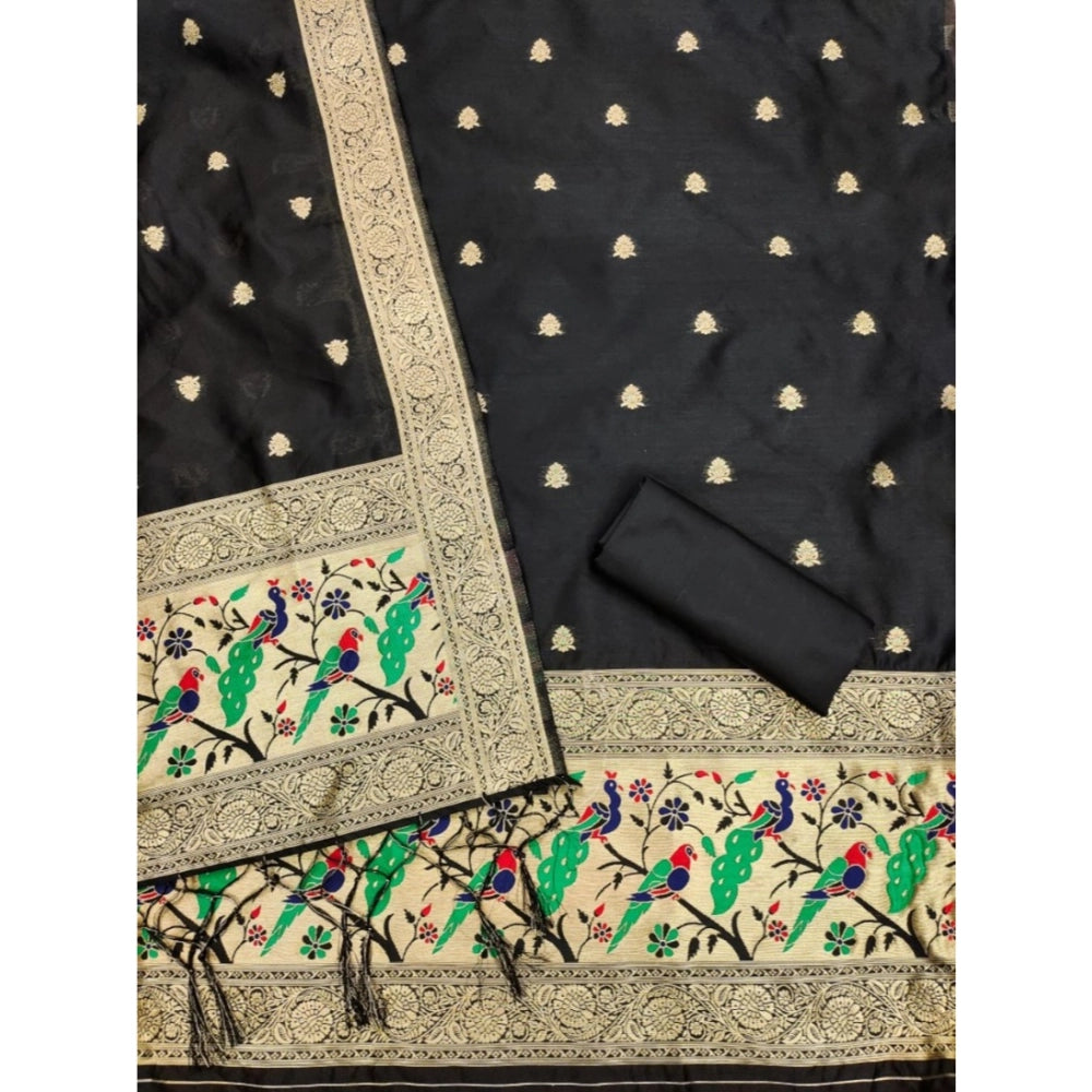 Generic Women's Banarasi Silk Printed Unstitched Salwar Suit Material With Dupatta (Black, 3Mtrs)