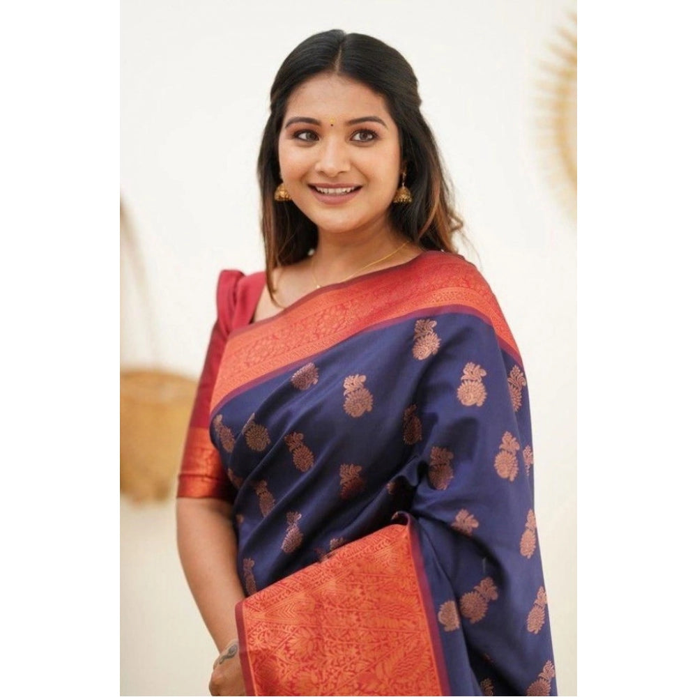 Women's Litchi silk Printed Saree With Unstitched Blouse (Blue)