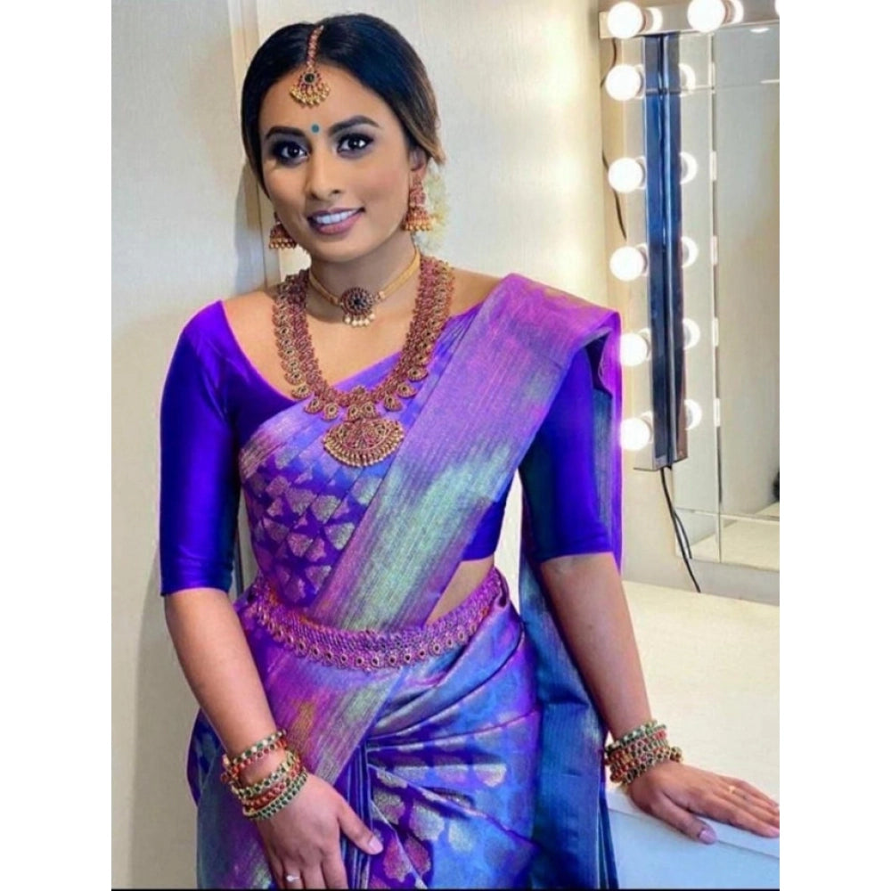 Women's Litchi silk Printed Saree With Unstitched Blouse (Blue)