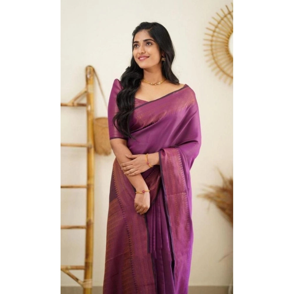 Women's Litchi silk Printed Saree With Unstitched Blouse (Purple)