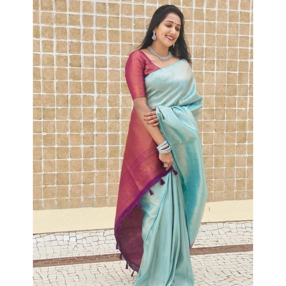 Women's Litchi silk Printed Saree With Unstitched Blouse (Blue)