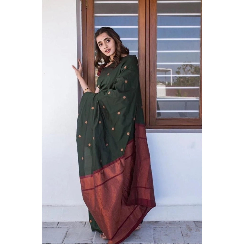 Women's Litchi silk Printed Saree With Unstitched Blouse (Dark Green)