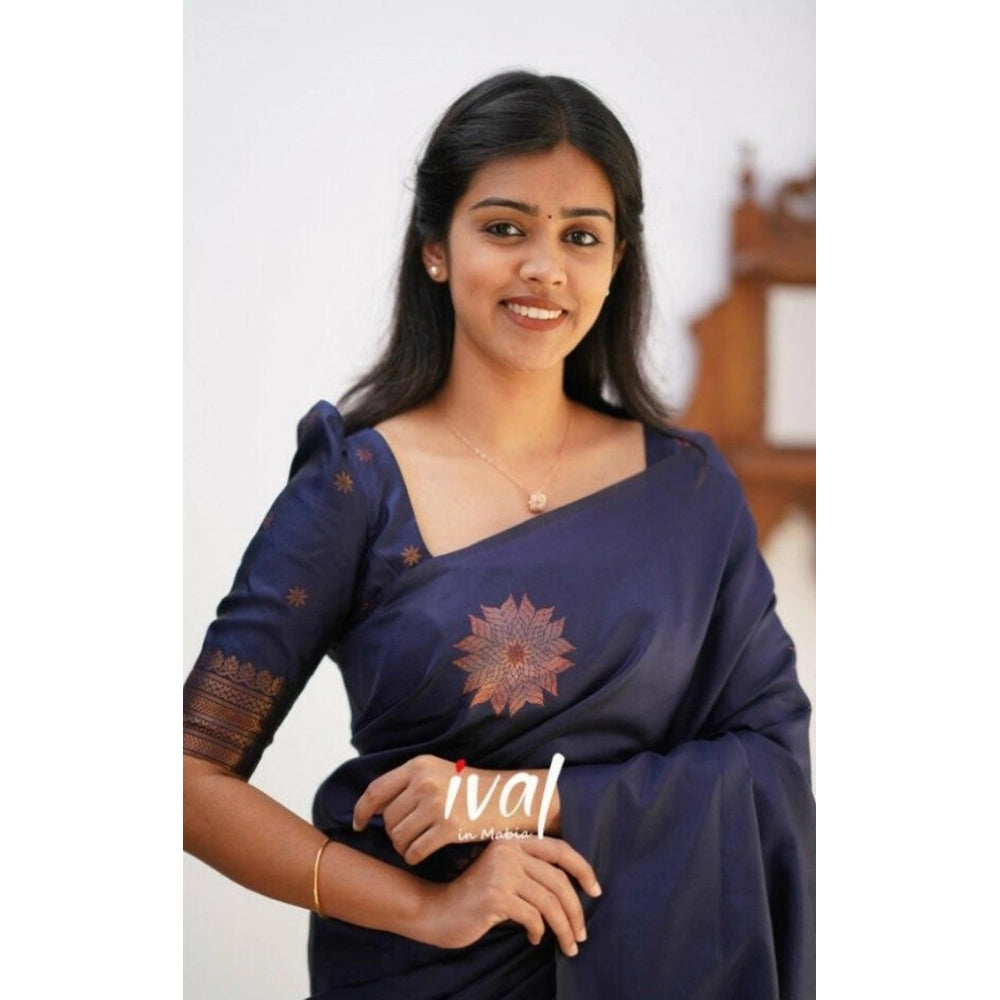 Women's Litchi silk Printed Saree With Unstitched Blouse (Dark Blue)