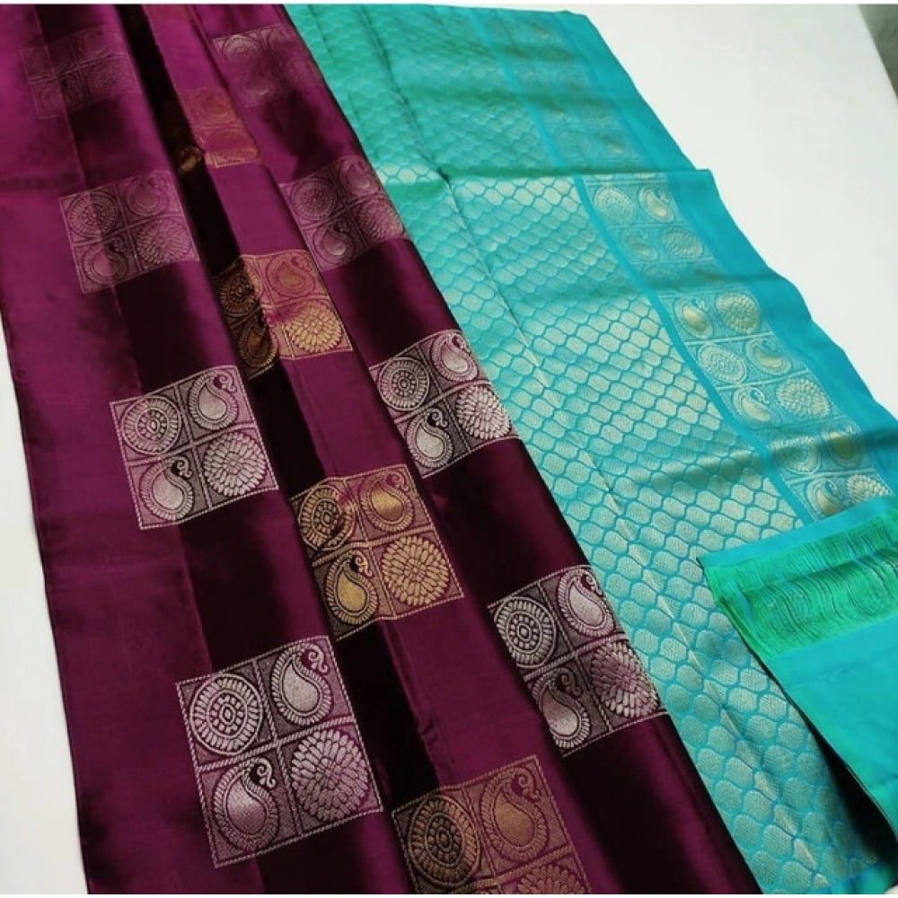 Women's Litchi silk Printed Saree With Unstitched Blouse (Maroon With Turquise Green)