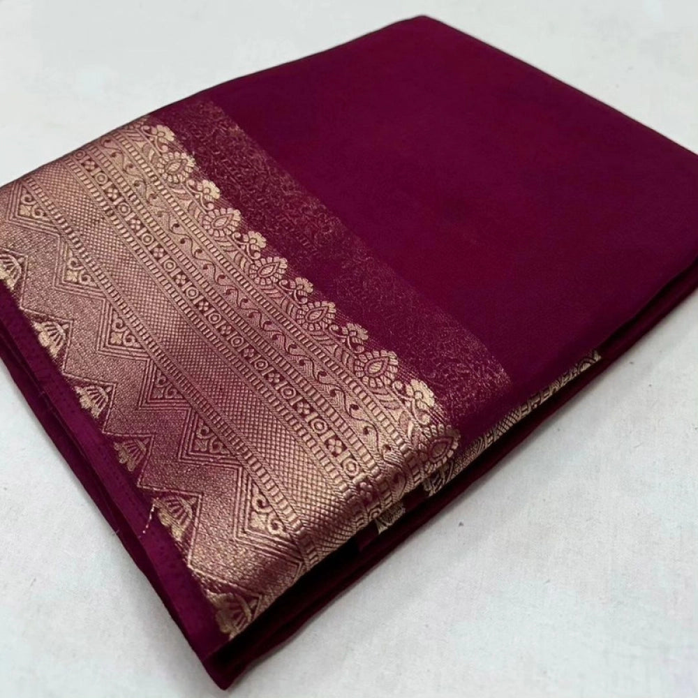 Women's Crepe Chit Pallu Solid Saree With Unstitched Blouse 5.5Mtr (Purple)