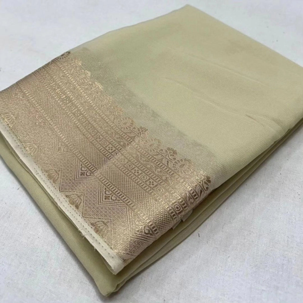 Women's Crepe Chit Pallu Solid Saree With Unstitched Blouse 5.5Mtr (Beige)