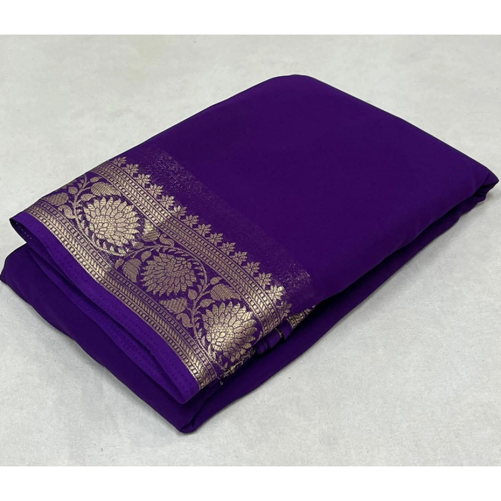 Women's Crepe Chit Pallu Solid Saree With Unstitched Blouse 5.5Mtr (Dark Purple)