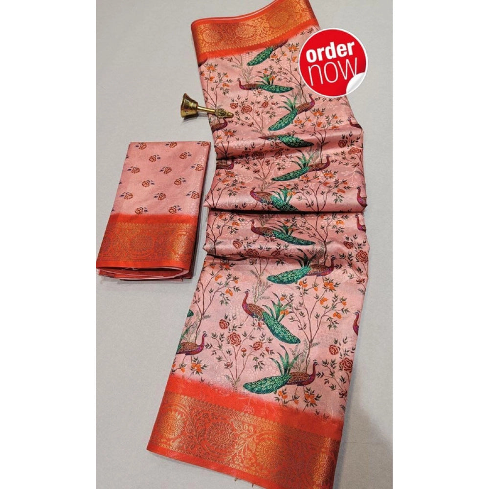 Women's Digital Dolla Silk Printed Saree With Unstitched Blouse 5.5Mtr (Orange)