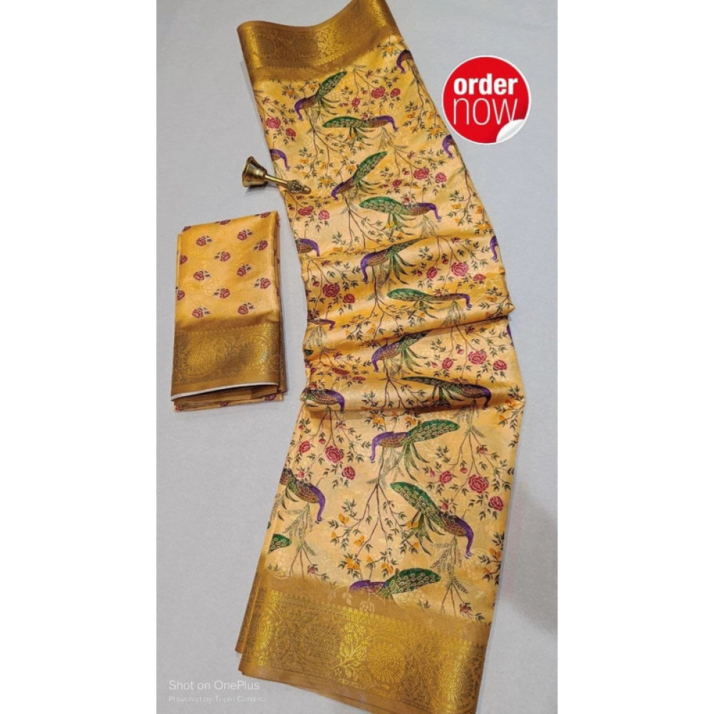 Women's Digital Dolla Silk Printed Saree With Unstitched Blouse 5.5Mtr (Mustard)