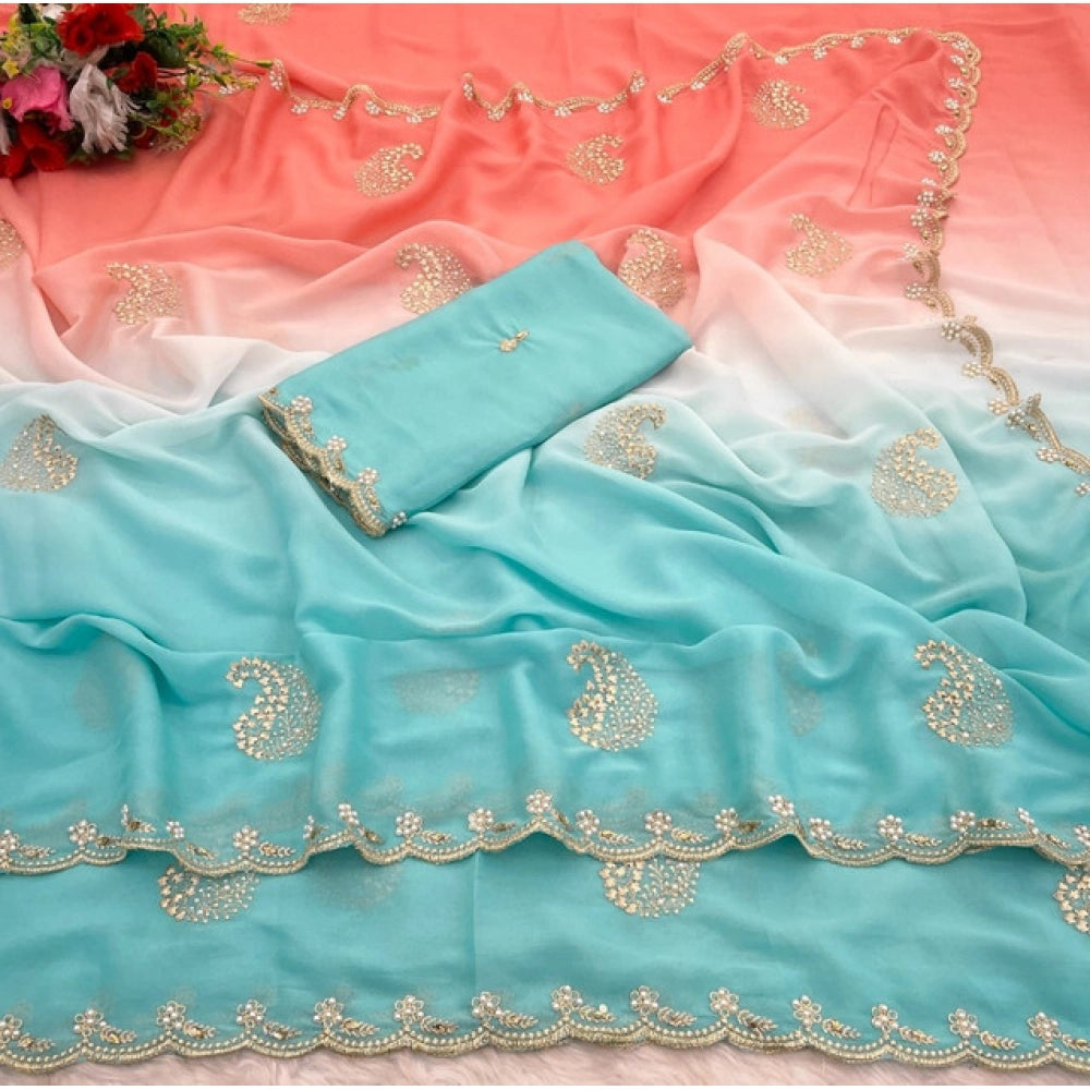 Women's Digital Printed  Geogette Saree With Unstitched Blouse (Blue, 5-6 Mtrs)