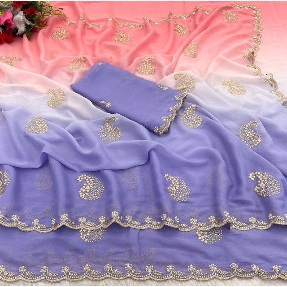 Women's Digital Printed  Geogette Saree With Unstitched Blouse (Purple, 5-6 Mtrs)