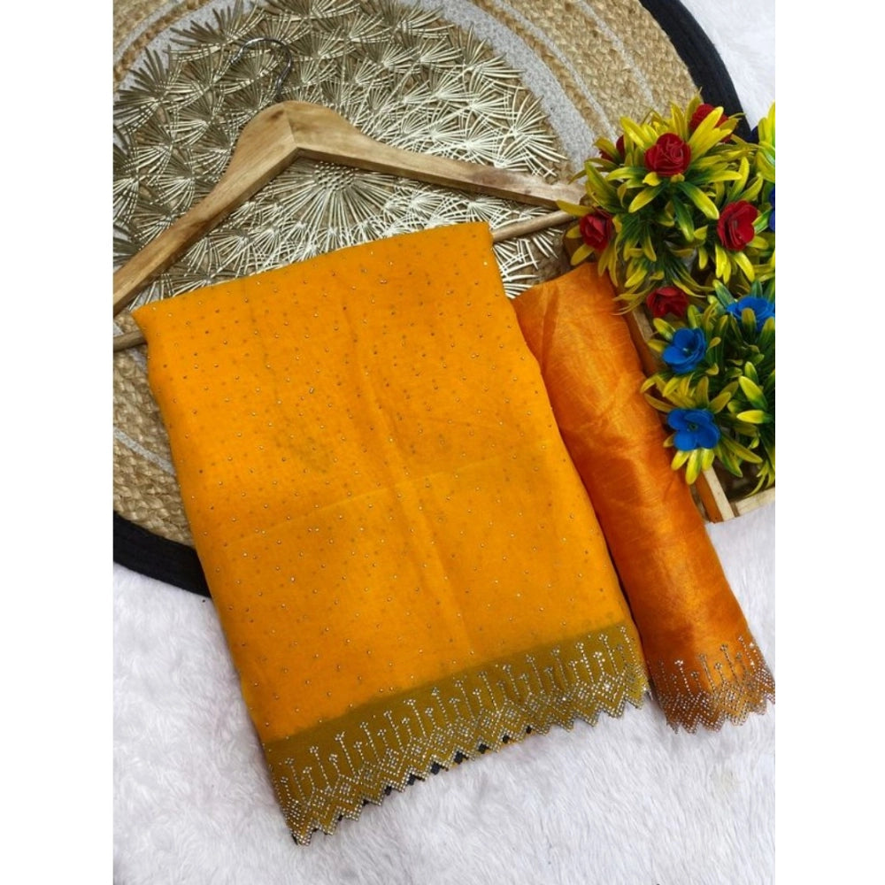 Women's Georgette Stone Work Saree With Unstitched Blouse 5.5Mtr (Yellow)