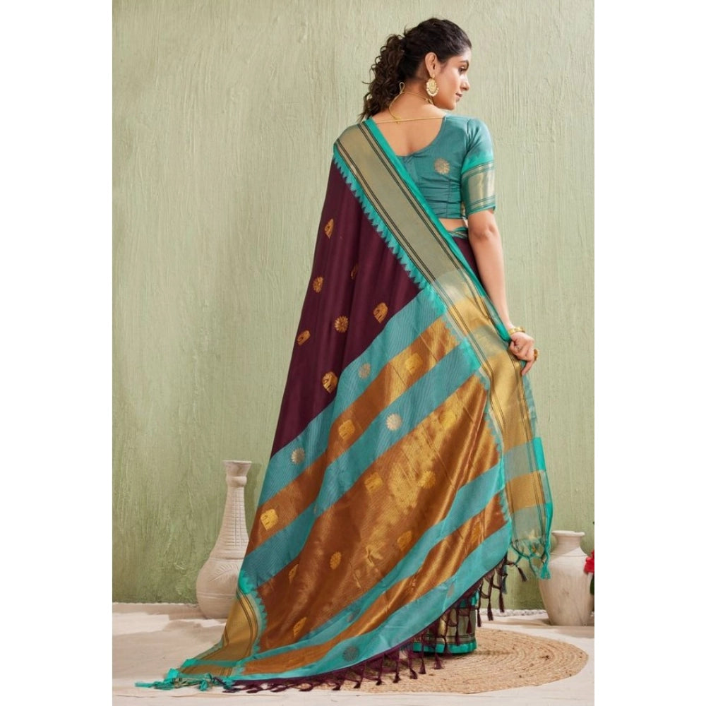 Generic Women's Silk Blended Jaquard Woven Saree With Unstitched Blouse 5.5Mtr (Purple)