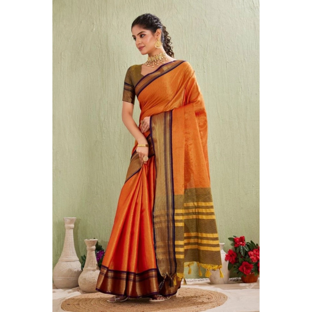 Women's Silk Blended Jaquard Woven Saree With Unstitched Blouse 5.5Mtr (Orange)