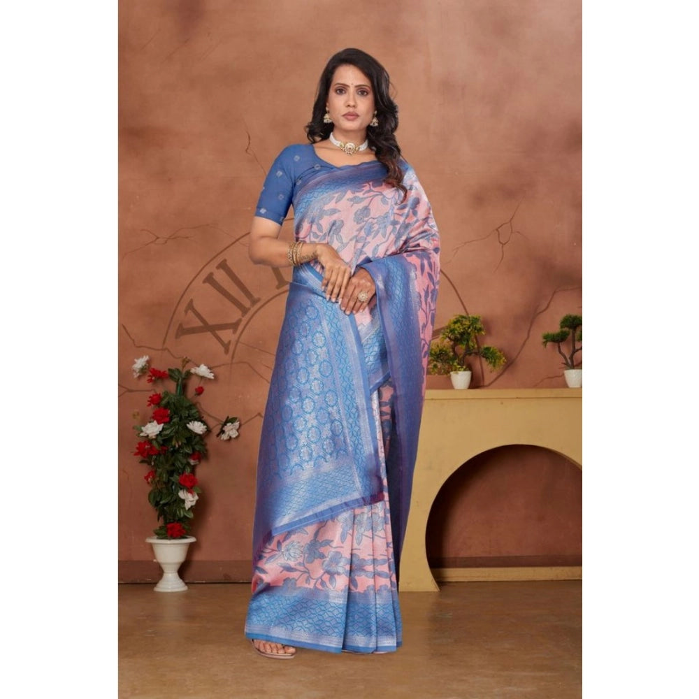 Women's Banarasi Silk Jaquard Woven Saree With Unstitched Blouse 5.5Mtr (Pink)