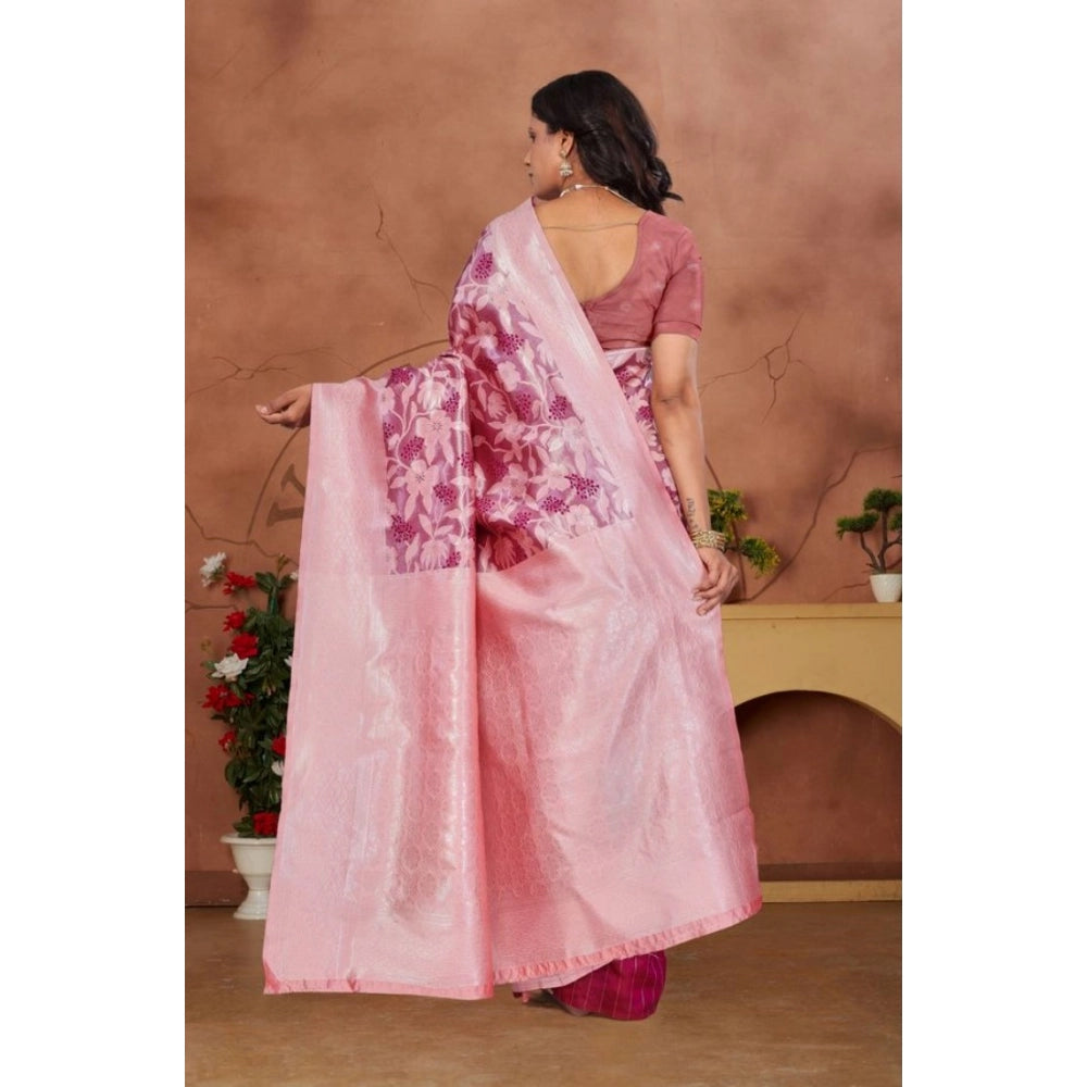 Women's Banarasi Silk Jaquard Woven Saree With Unstitched Blouse 5.5Mtr (Pink)