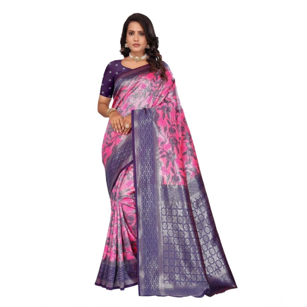 Women's Banarasi Silk Jaquard Woven Saree With Unstitched Blouse 5.5Mtr (Pink)