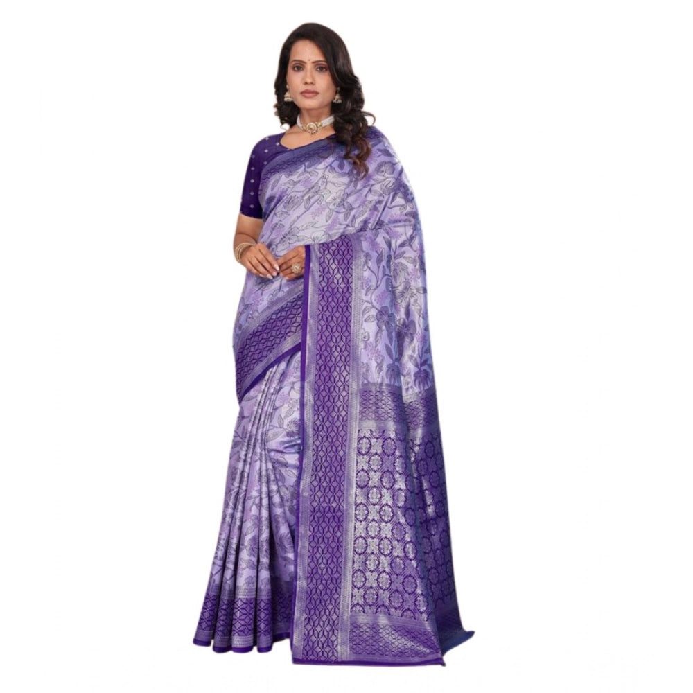 Women's Banarasi Silk Jaquard Woven Saree With Unstitched Blouse 5.5Mtr (Purple)