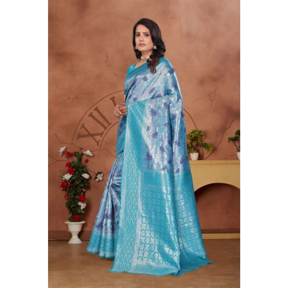 Women's Banarasi Silk Jaquard Woven Saree With Unstitched Blouse 5.5Mtr (Light Blue)