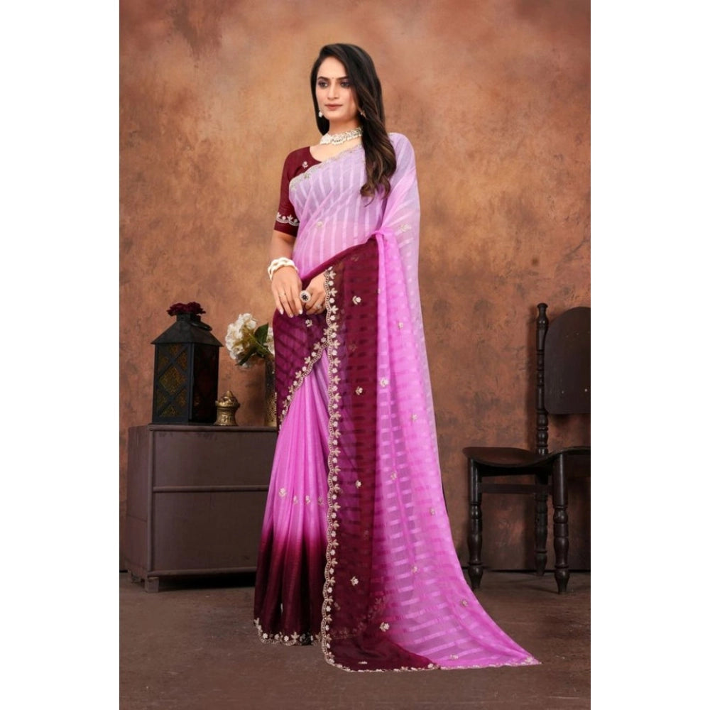Women's Chiffon Embroidred Saree With Unstitched Blouse 5.5Mtr (Pink)