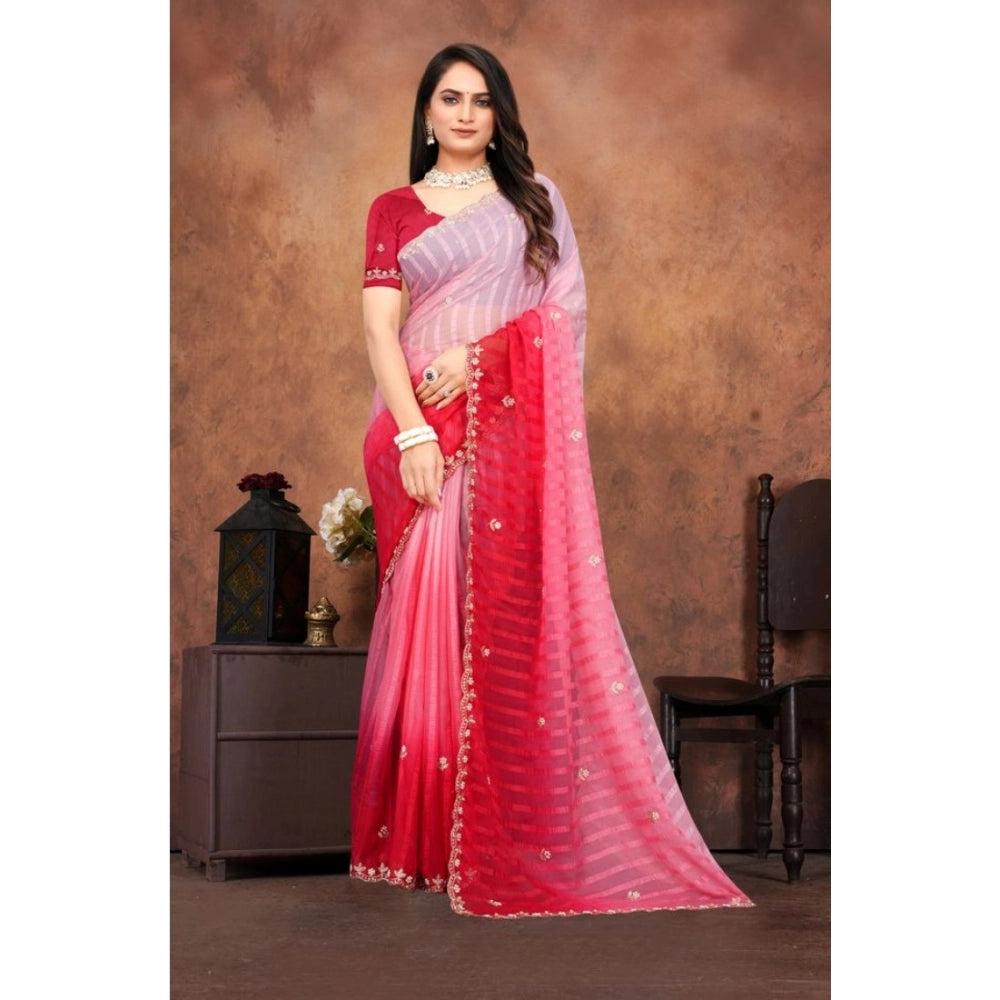 Women's Chiffon Embroidred Saree With Unstitched Blouse 5.5Mtr (Pink)
