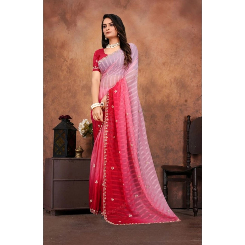 Women's Chiffon Embroidred Saree With Unstitched Blouse 5.5Mtr (Pink)