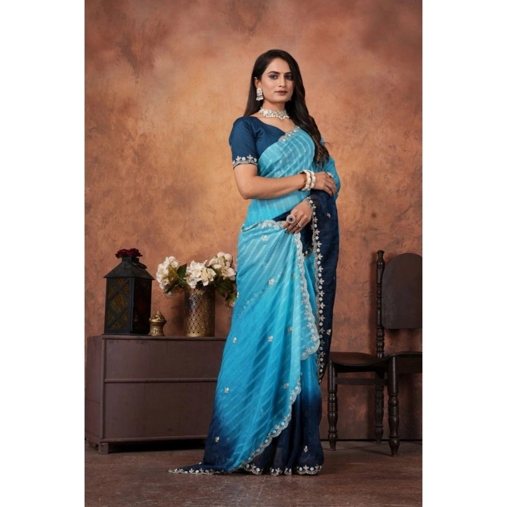 Women's Chiffon Embroidred Saree With Unstitched Blouse 5.5Mtr (Light Blue)