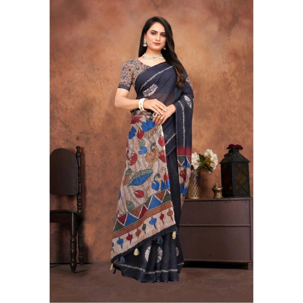 Women's Linen Printed Saree With Unstitched Blouse 5.5Mtr (Black)