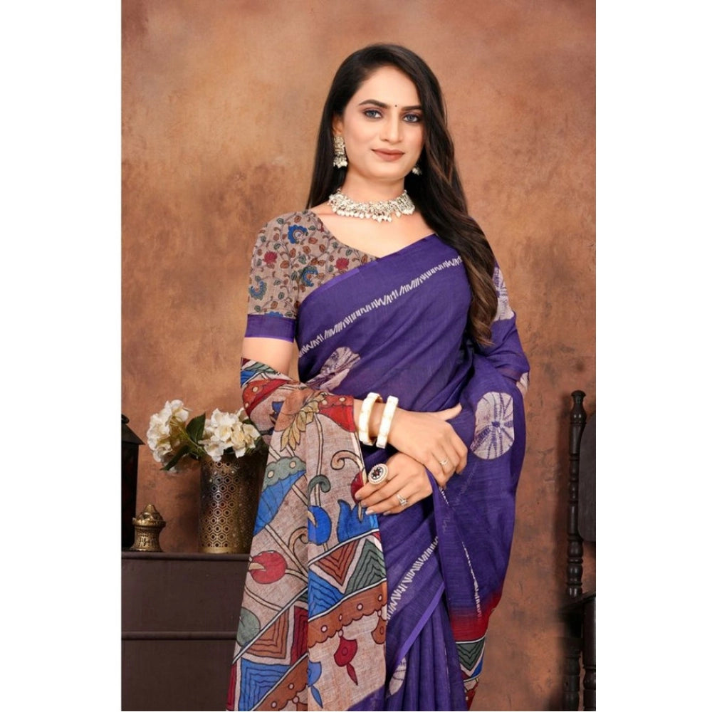 Women's Linen Printed Saree With Unstitched Blouse 5.5Mtr (Purple)
