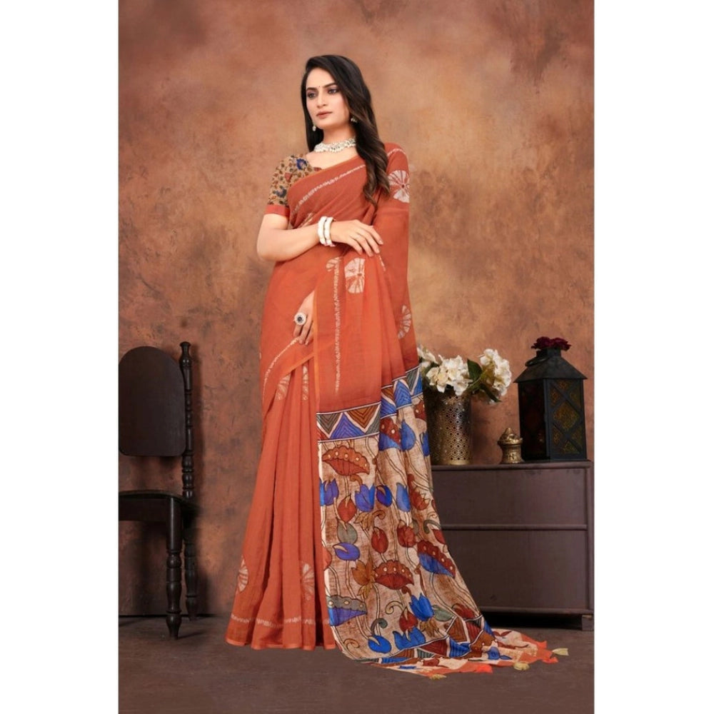 Women's Linen Printed Saree With Unstitched Blouse 5.5Mtr (Red)