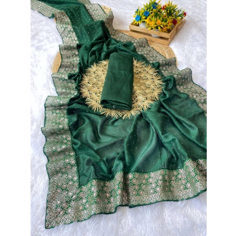 Women's Silk Embroidred Saree With Unstitched Blouse 5.5Mtr (Dark Green)