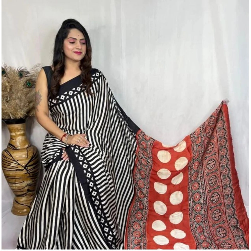 Generic Women's Satin Printed Saree With Unstitched Blouse 5.5Mtr (Black)