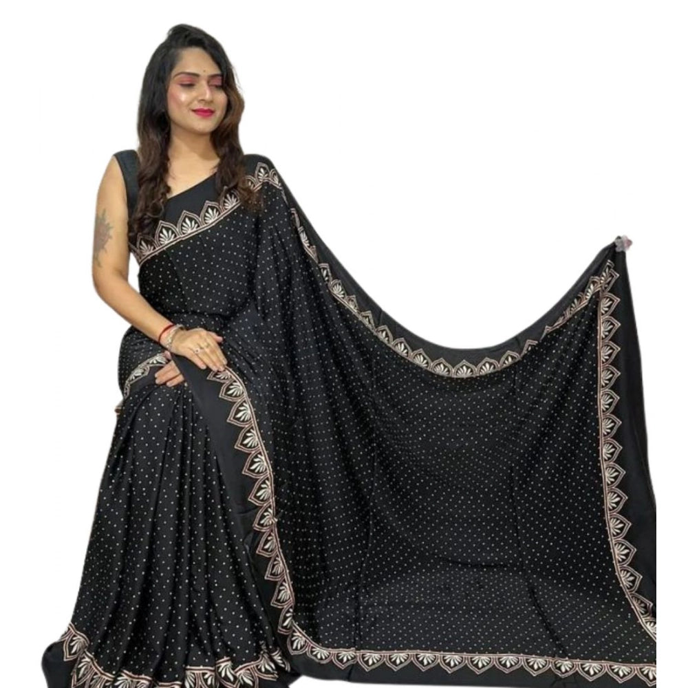 Women's Satin Printed Saree With Unstitched Blouse 5.5Mtr (Black)