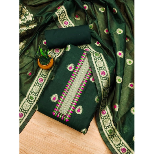 Generic Women's Banarasi Silk Printed Unstitched Salwar Suit Material With Dupatta (Bottle Green, 3Mtrs)