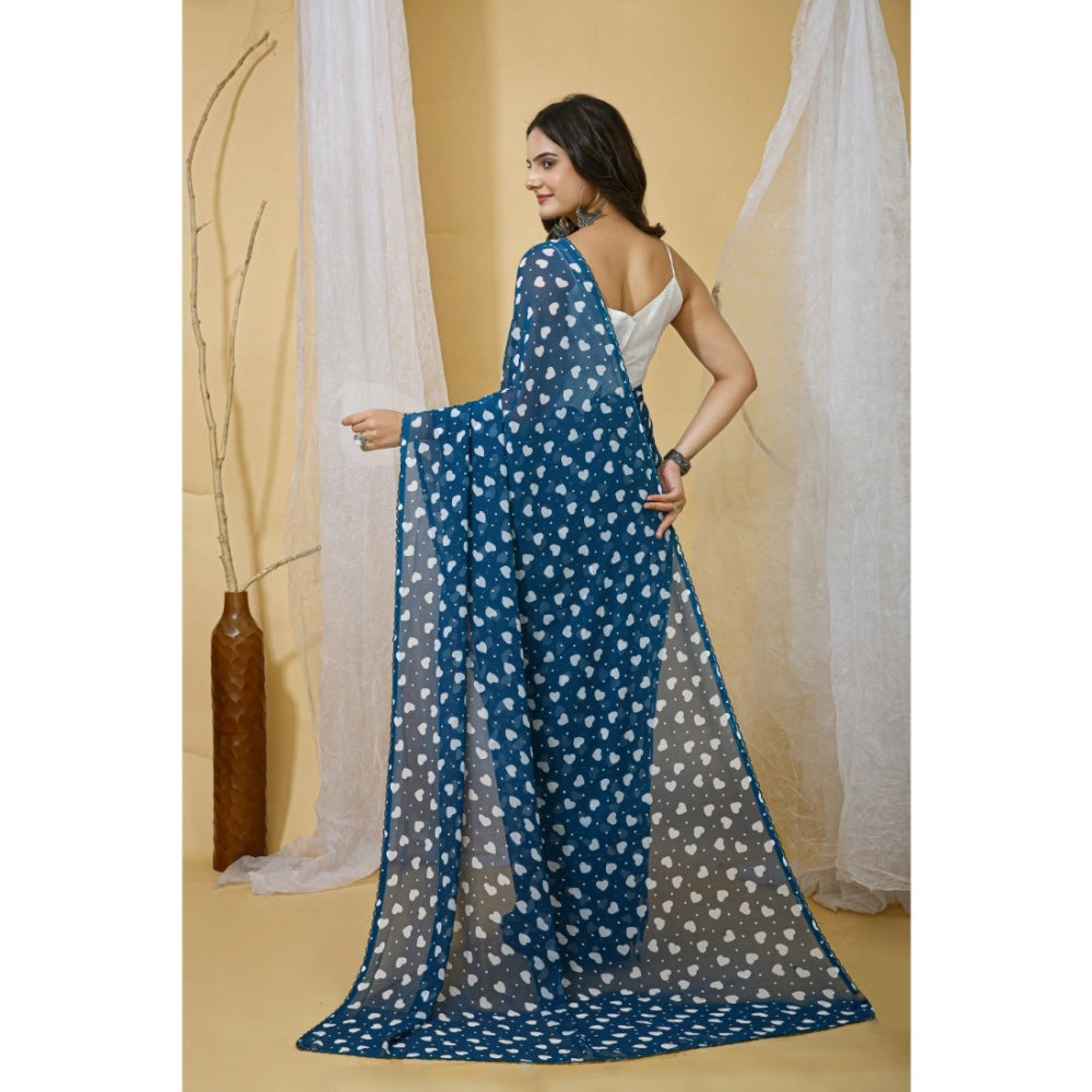 Women's Georgette Printed Saree With Unstitched Blouse 5.5Mtr (Blue)