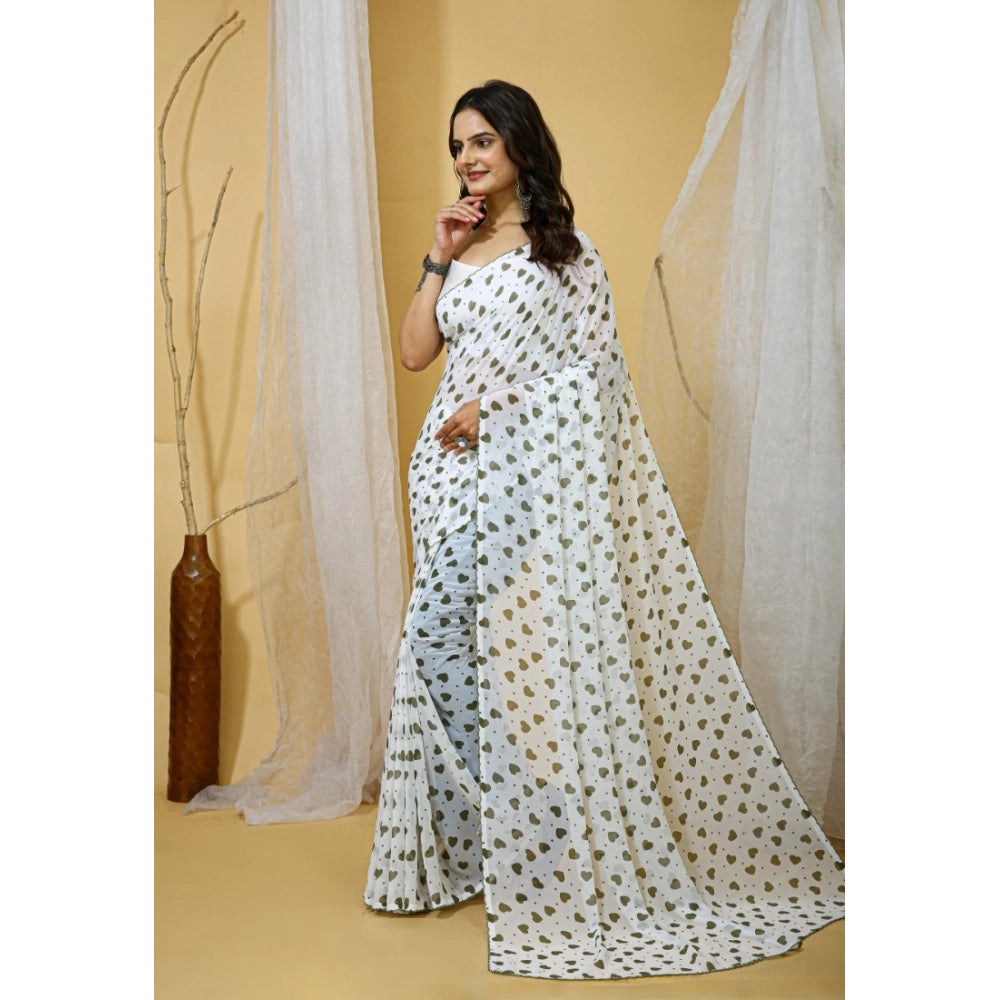 Women's Georgette Printed Saree With Unstitched Blouse 5.5Mtr (White-Grey)