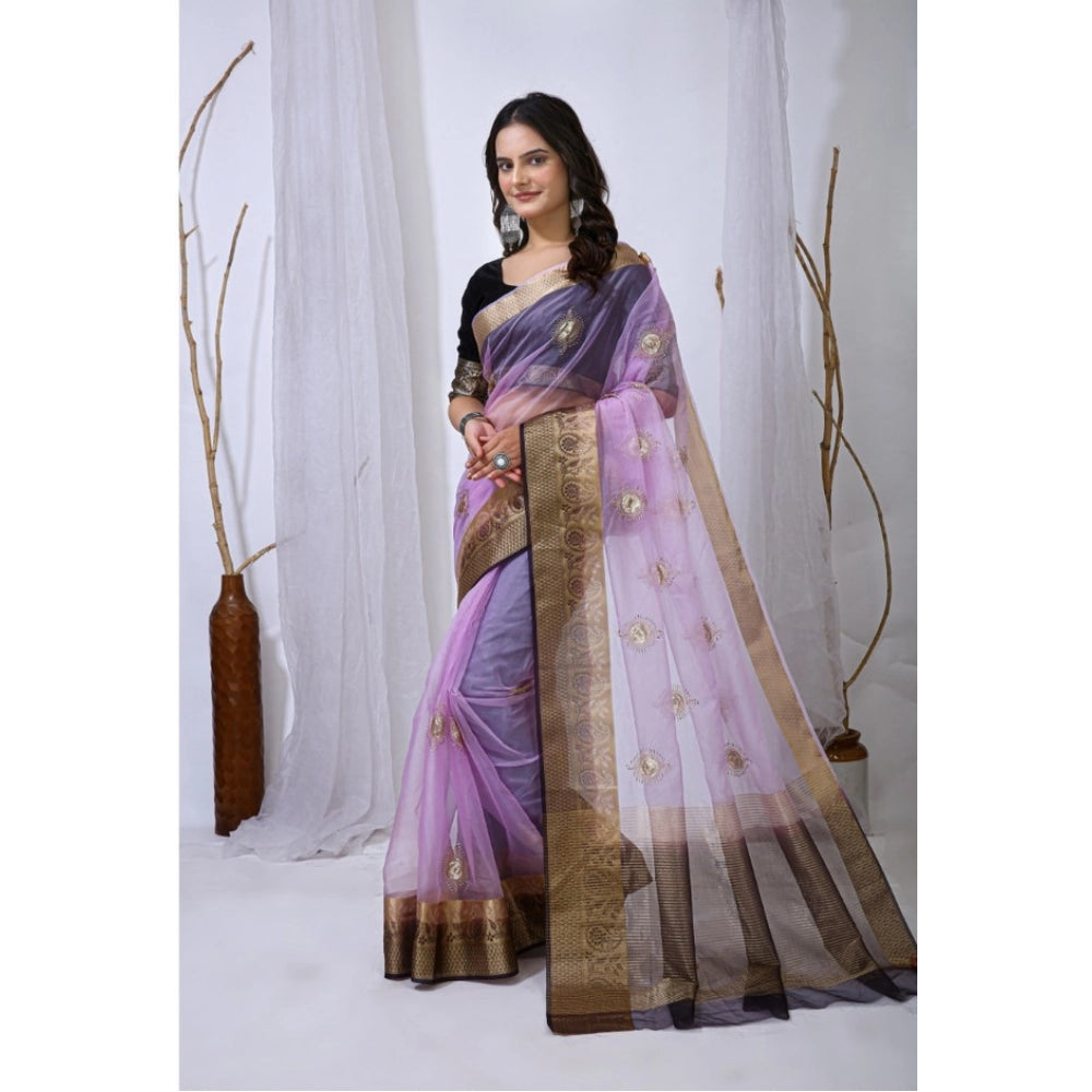 Women's Organza jacquard Embellished Saree With Unstitched Blouse 5.5Mtr (Purple)