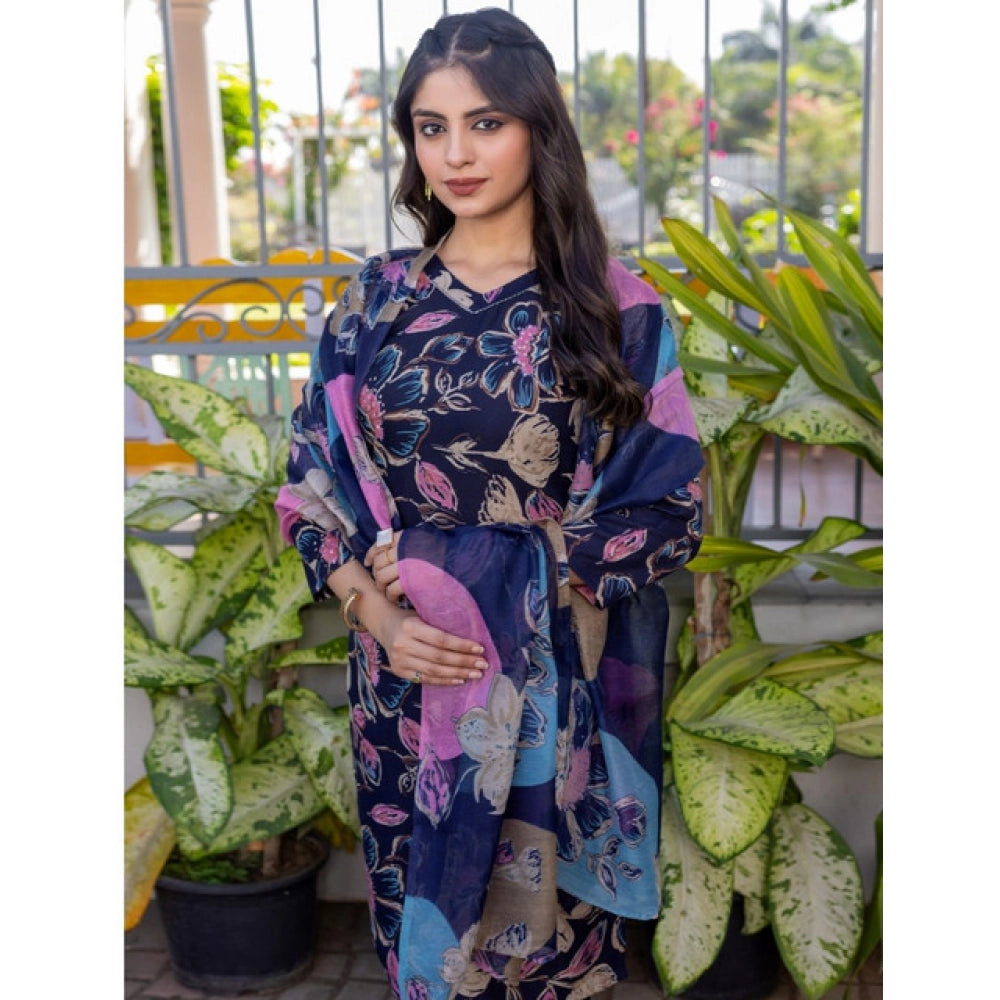 Generic Women's Cotton Blend Printed Kurti With Pant Dupatta Set (NavyBlue)