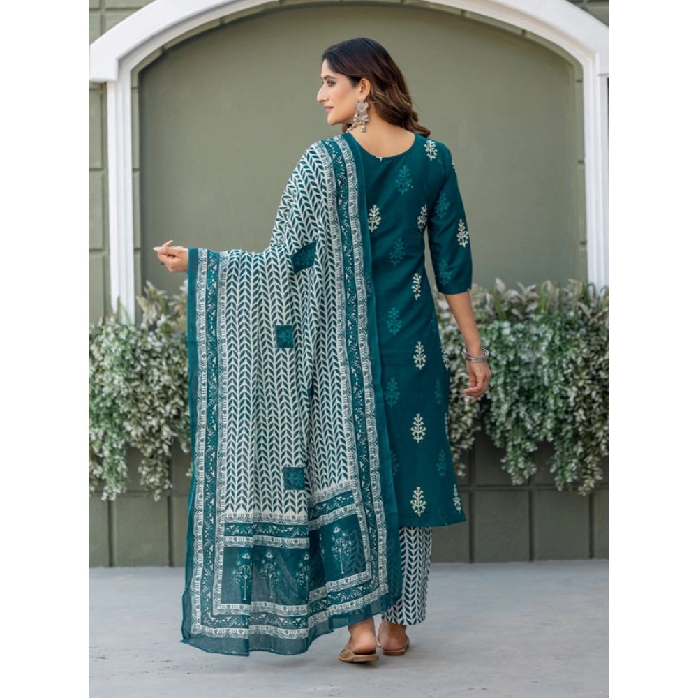 Generic Women's Cotton Blend Printed Kurti With Pant Dupatta Set (Morpichh)