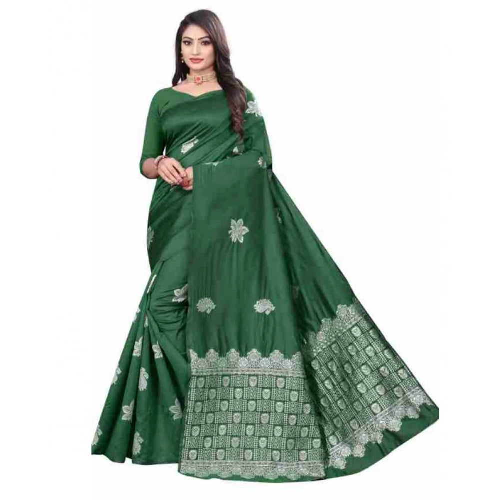 Women's Soft Lichi Silk Printed Saree With Unstitched Blouse 5.5Mtr (Green)