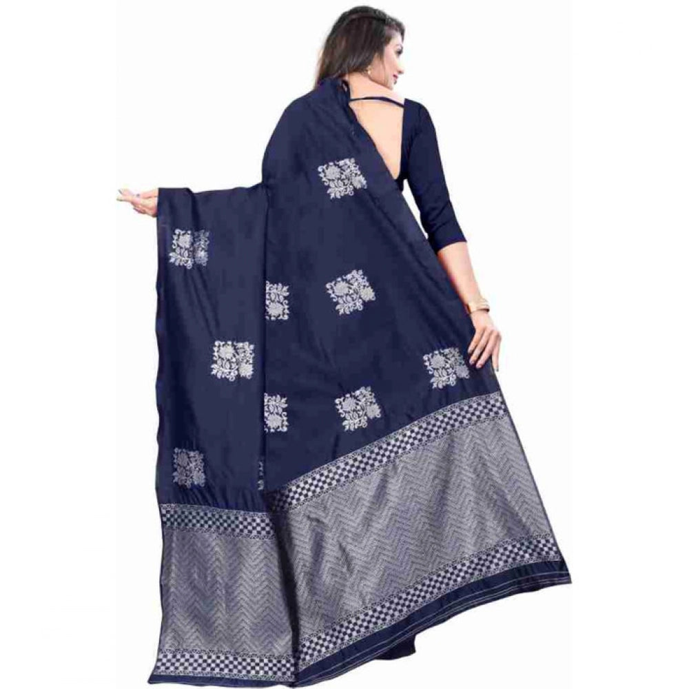 Women's Soft Lichi Silk Printed Saree With Unstitched Blouse 5.5Mtr (Blue)