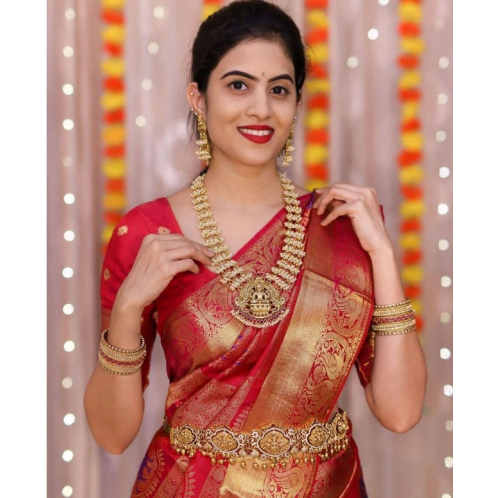 Women's Soft Lichi Silk Printed Saree With Unstitched Blouse 5.5Mtr (Red)