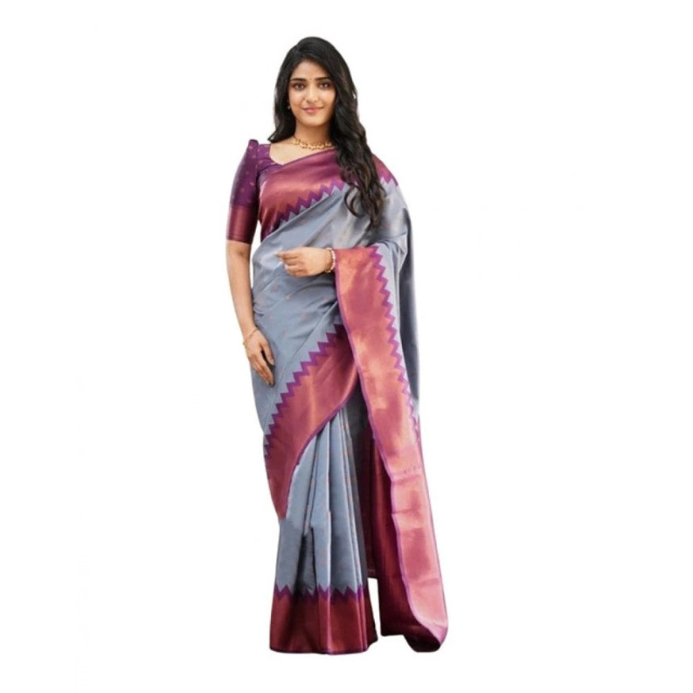 Women's Soft Lichi Silk Printed Saree With Unstitched Blouse 5.5Mtr (Grey)