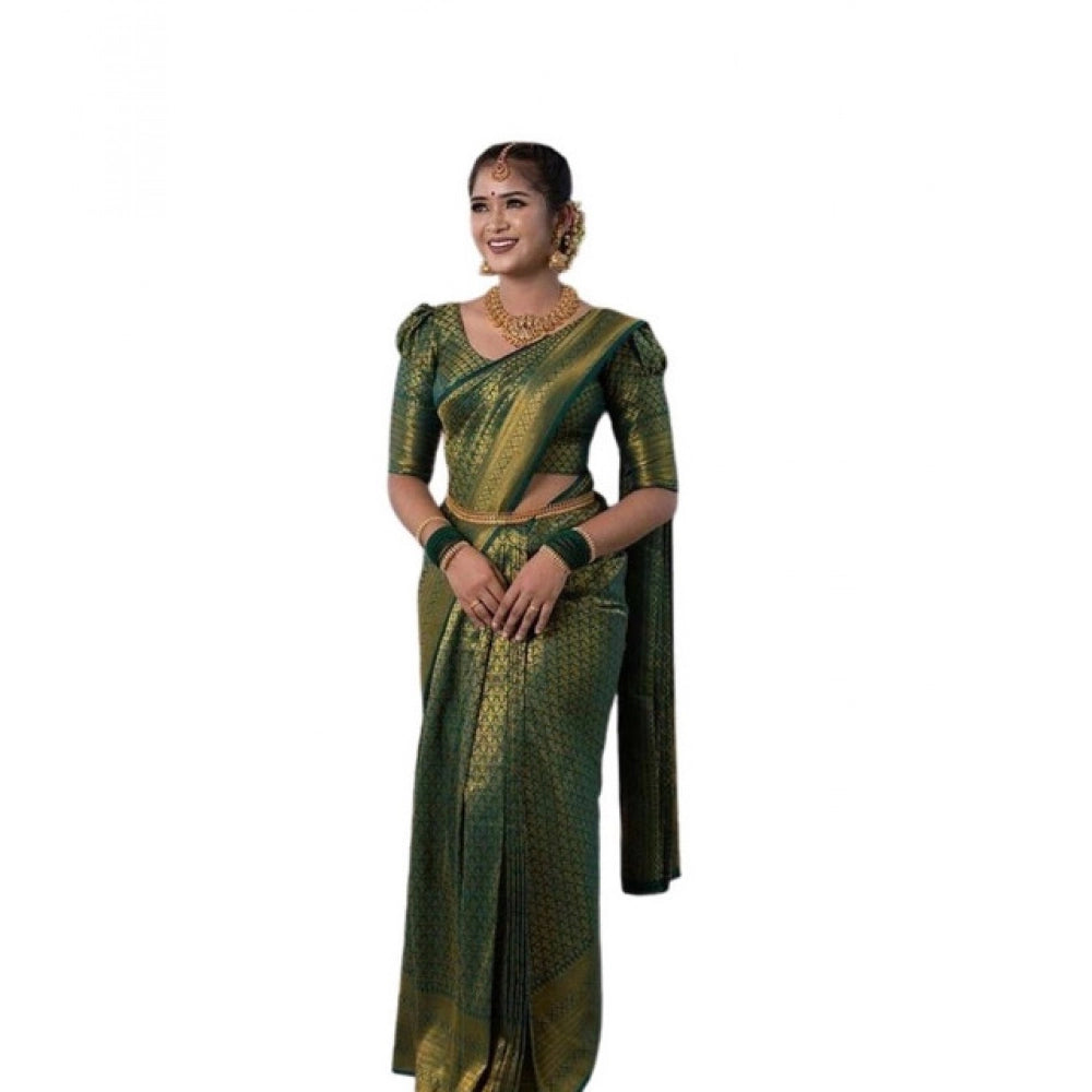 Women's Soft Lichi Silk Printed Saree With Unstitched Blouse 5.5Mtr (Green)
