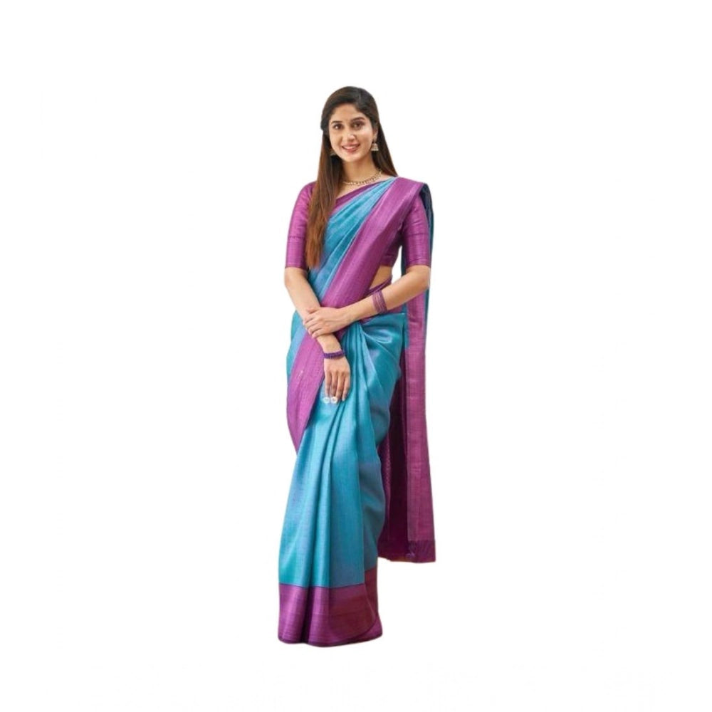 Women's Soft Lichi Silk Printed Saree With Unstitched Blouse 5.5Mtr (Sky-Blue)