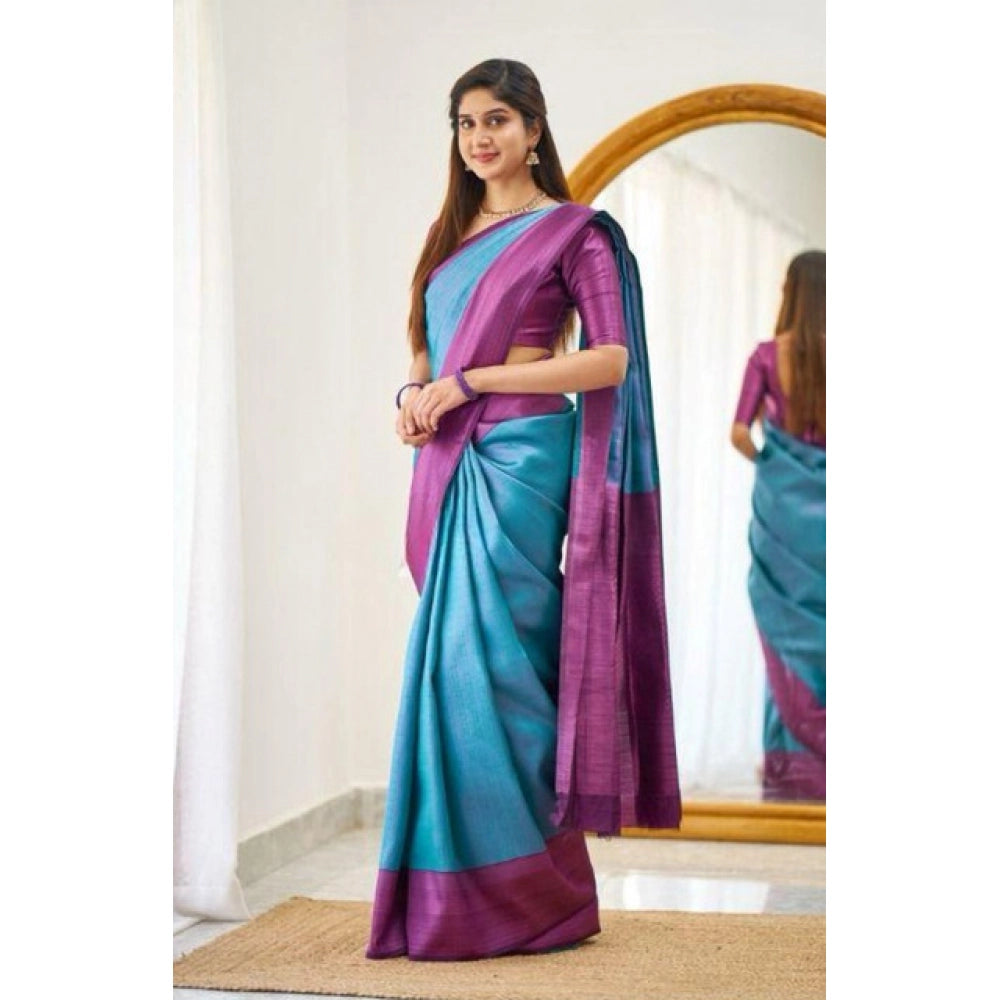 Women's Soft Lichi Silk Printed Saree With Unstitched Blouse 5.5Mtr (Sky-Blue)